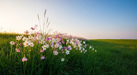 Obraz premium A field of delicate pink and white wildflowers against a clear sky at sunrise, symbolizing new beginnings, nature's beauty, and serenity, ideal for nature and lifestyle themes.