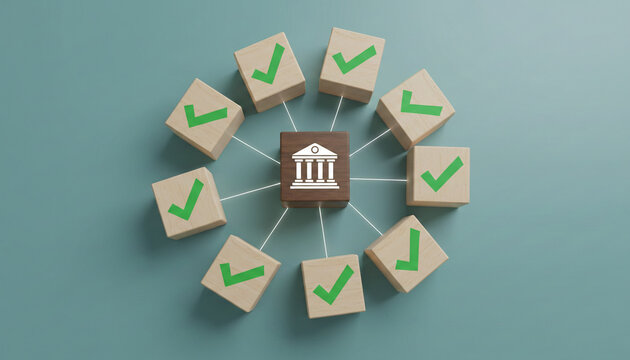 Wooden blocks with green checkmarks and a central block with a building icon, symbolizing approval, agreement, and a verified process, representing business or financial success