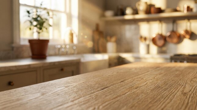 Wooden kitchen countertop with blurred background of a bright and sunny kitchen.