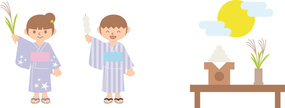 お月見の浴衣を着た子供とお供えのイラストセット