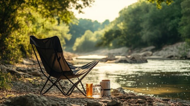 Relaxing by the river.  Folding camping chair beside a flowing river in a lush forest.  Tranquil and peaceful