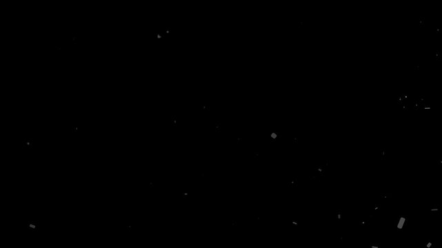 Abstract animated heavy debris dust particles scattering and floating downwards against a dark background