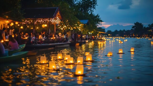 Evening riverside dinner scene with floating lanterns