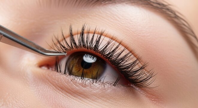 Close up of professional eyelash extension application process on female eye.