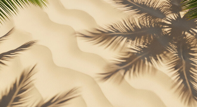 Golden sand surface with wavy texture and palm leaf shadow overlay, symbolizing summer, beach, vacation, and tropical escape