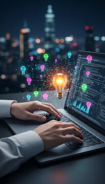 Glowing lightbulbs connect via circuits over a laptop displaying code, symbolizing innovation, ideas, and technological advancement against a city backdrop
