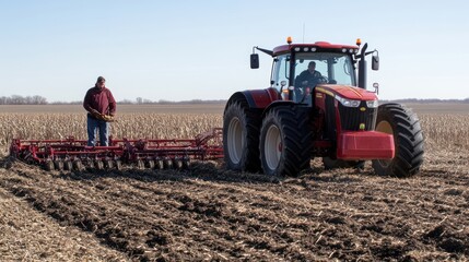 Fototapeta premium Farmer operating a tractor with a harrow in a field