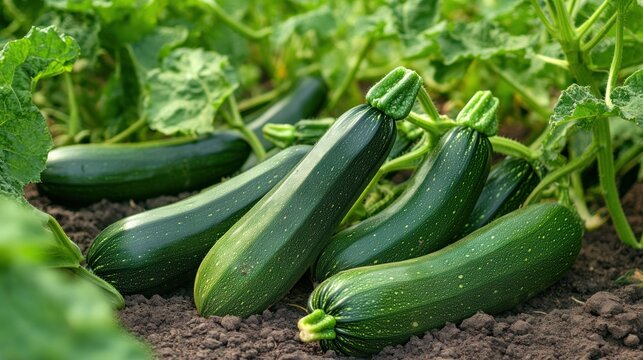 Fresh zucchini squash growing in a garden bed
