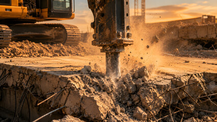 Fototapeta premium Hydraulic hammer breaking concrete during sunset demolition work
