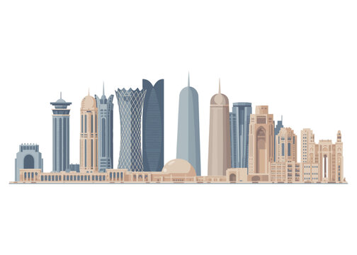 Doha skyline vector illustration, colorful Qatar cityscape panorama with modern West Bay skyscrapers isolated on white background