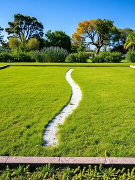 Concave painted mark at midpoint of rectangular grassy area, grass, yards