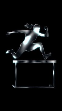 Silver metallic female hurdle runner leaping silhouette. Alpha channel. Seamless loop video.