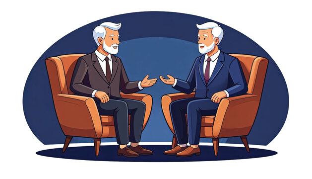 Two businessmen in conversation sitting.