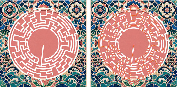 Soft pink circular maze puzzle with pastel teal mosaic ceramic tile background