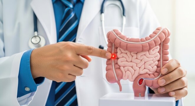 Doctor, medical professional, pointing at human intestinal organ model, explaining colon disease, digestive health, medical diagnosis, patient education, healthcare concept
