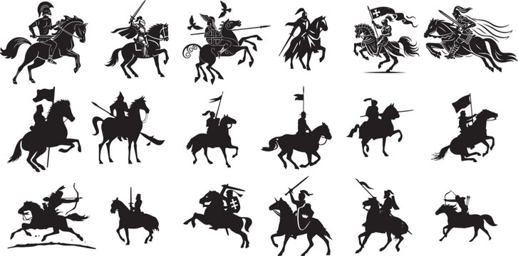 Black silhouettes of horse riders, horseback riding icons, equestrian vector graphics, cavalry silhouette set