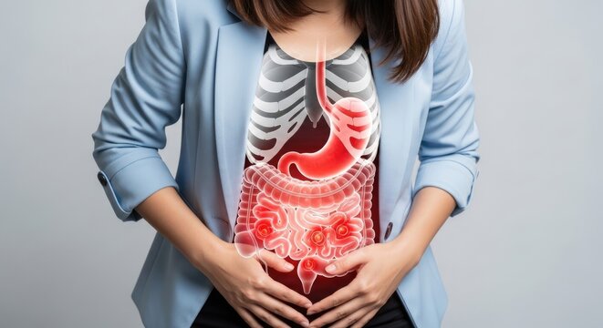 Woman experiencing abdominal pain, suffering from intestinal disease, digestive system highlighted, human body internal organs, medical health care concept