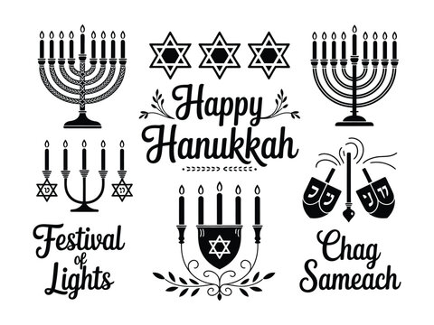 Collection of artistic Hanukkah symbols including menorahs dreidels and star of David illustrations for holiday celebrations