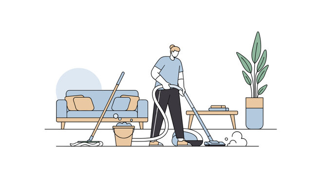 Person vacuuming and mopping a living room with furniture and a plant Vector