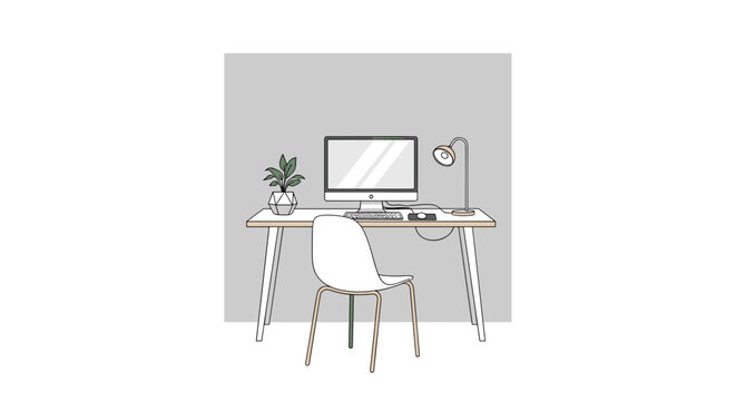Modern minimalist home office desk setup with computer plant lamp and chair Vector