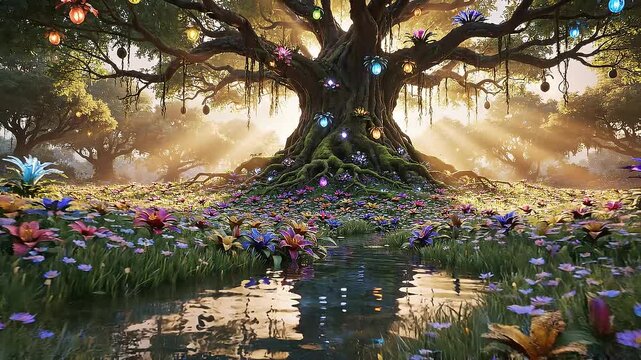 Serene garden of eden with lush greenery concept. Enchanted magical forest with glowing flowers colorful plants and ancient tree by a peaceful water pond
