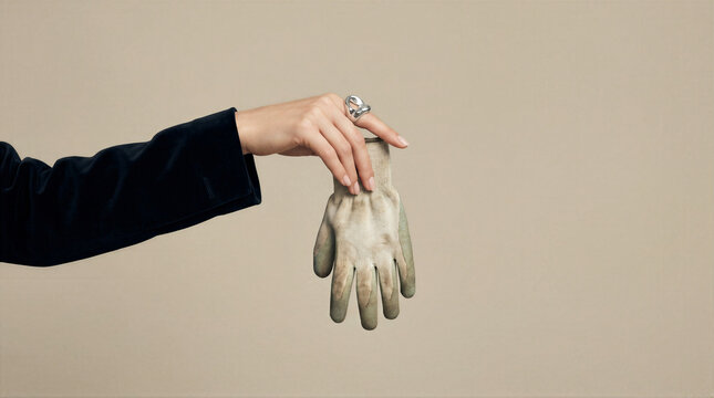 Elegant hand holding a dirty work glove, quiet contrast between luxury and invisible labor