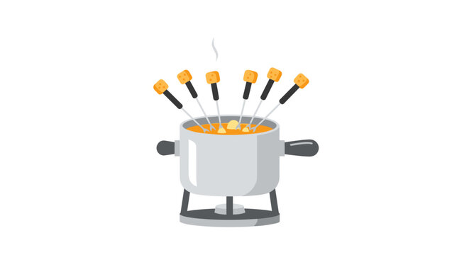 Cheese fondue pot with bread cubes on skewers steaming hot for a delicious meal Vector