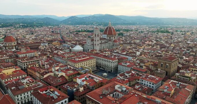 Florence duomo cathedral cathedral santa maria del fiore dome red roofs drone aerial view italy historical landmark cityscape old town tuscany destination summer travel panorama architecture