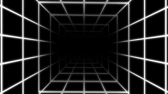 Retro 3D perspective grid animation loop footage with black and white checkered floor movement for cyberpunk synthwave style visual effects and futuristic VJ distortion background