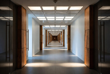 Naklejka premium A long, modern hallway with wood-paneled columns and bright overhead lighting receding into the distance.
