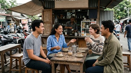 Fototapeta premium Young Adults Socializing over Coffee at Outdoor Cafe