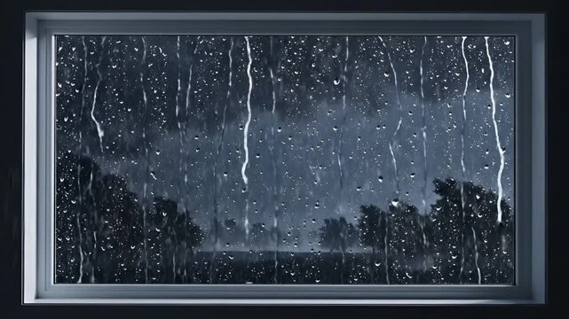 Stormy night view through a rainstreaked window with lightning strike.