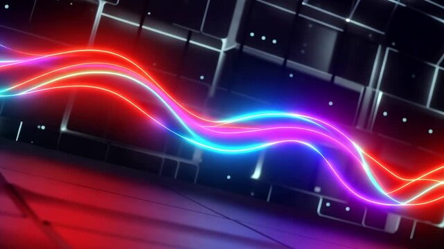 Vibrant neon wave of blue purple and red light pulsing in a futuristic tech background