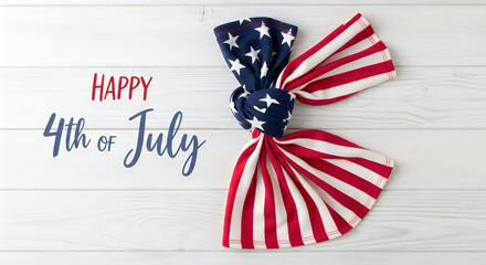 Obraz premium Festive fourth of july arrangement with american flag fabric and calligraphy text on whitewashed wood