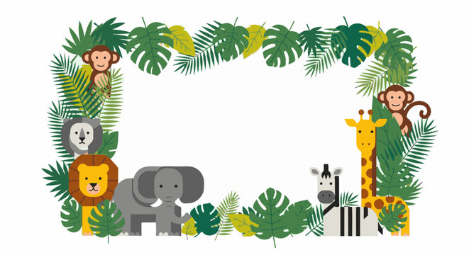 Jungle border with cartoon animals and tropical leaves