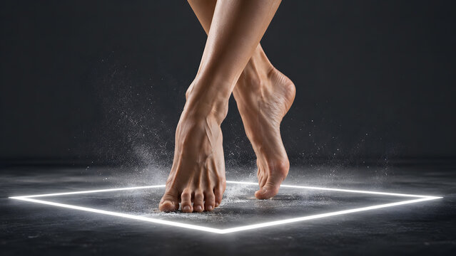 A close-up of bare feet stepping gracefully inside a glowing neon square with dust particles rising, symbolizing dance movement, creative space, freedom, and graceful expression.