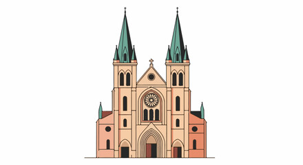Obraz premium Grand cathedral with twin spires, a rose window, and arched doorways