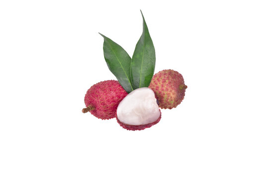 Lychee with leaves isolated on white background.
