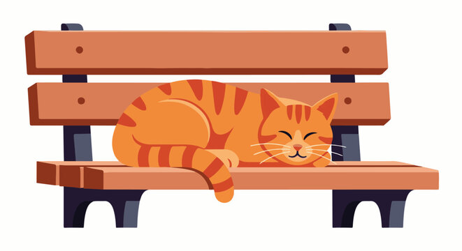 Ginger cat sleeps peacefully on a wooden park bench