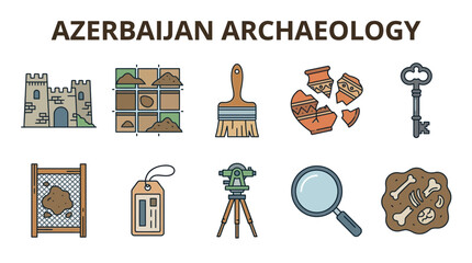Azerbaijan Archaeology Icons Set Vector Illustration. © zyaa