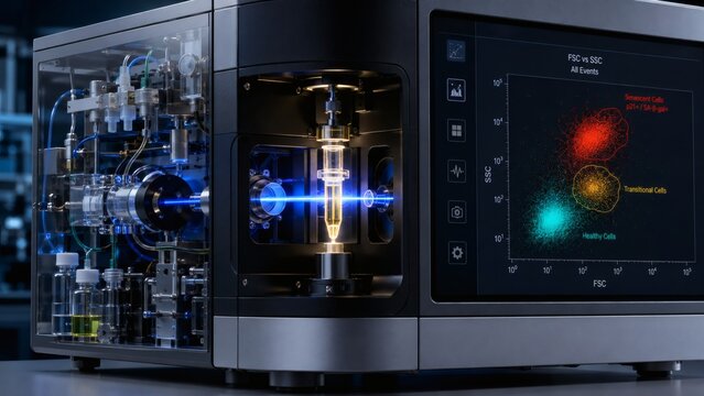 Advanced Flow Cytometer Analyzing Senescent Cell Populations With Laser Scatter Plot Visualization in Modern Clinical Research Laboratory