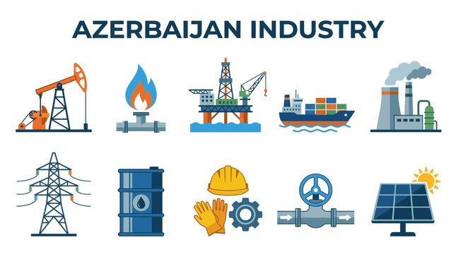 Azerbaijan Industry Icons: Oil Gas Shipping Power and Renewables.
