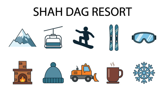 Shah Dag Resort Winter Sports and Leisure Icons Collection.