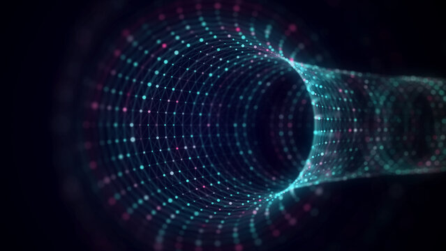 Cyber tunnel consisting of moving glowing points. Futuristic infinite space background. Concept of data transfer in cyberspace. Hi-tech illustration. 3d rendering.