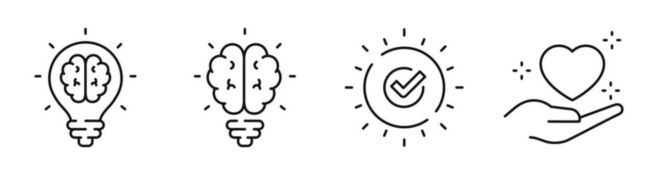 Brain and heart icons indicating idea validation and compassionate care. Editable stroke