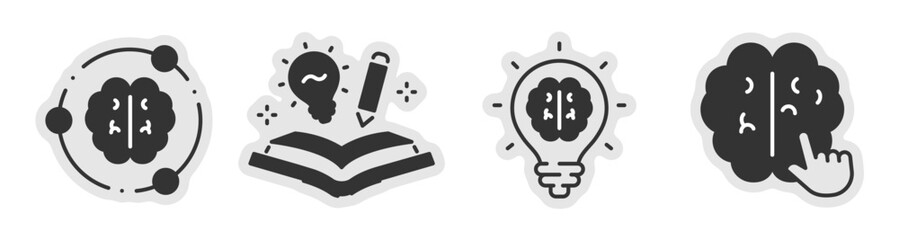 Obraz premium Brain and idea icons illustrating creativity and learning on white. Editable stroke