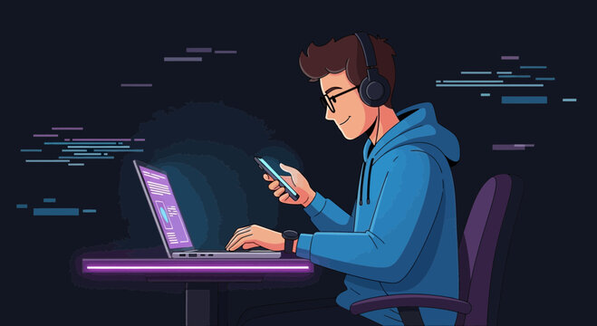Young coder wearing headphones works on laptop and phone