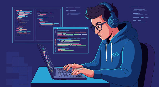 Young Coder With Headphones Working on Laptop, Programming and Coding