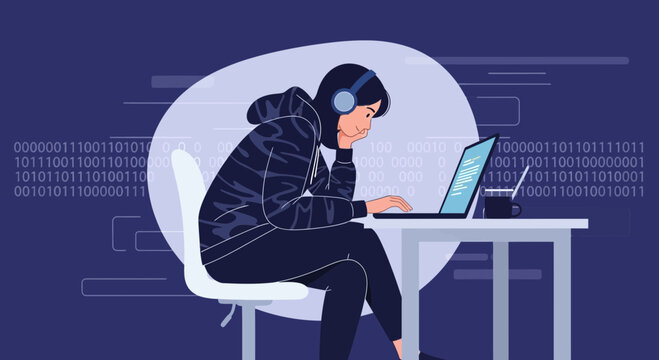 Young coder in headphones working on laptop with binary code background