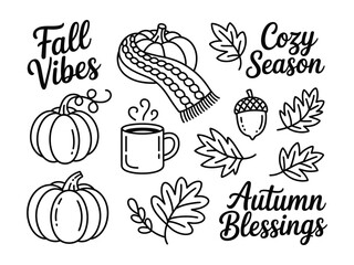 Collection of handdrawn fall season icons including pumpkins leaves acorn scarf and hot beverage cup © Md